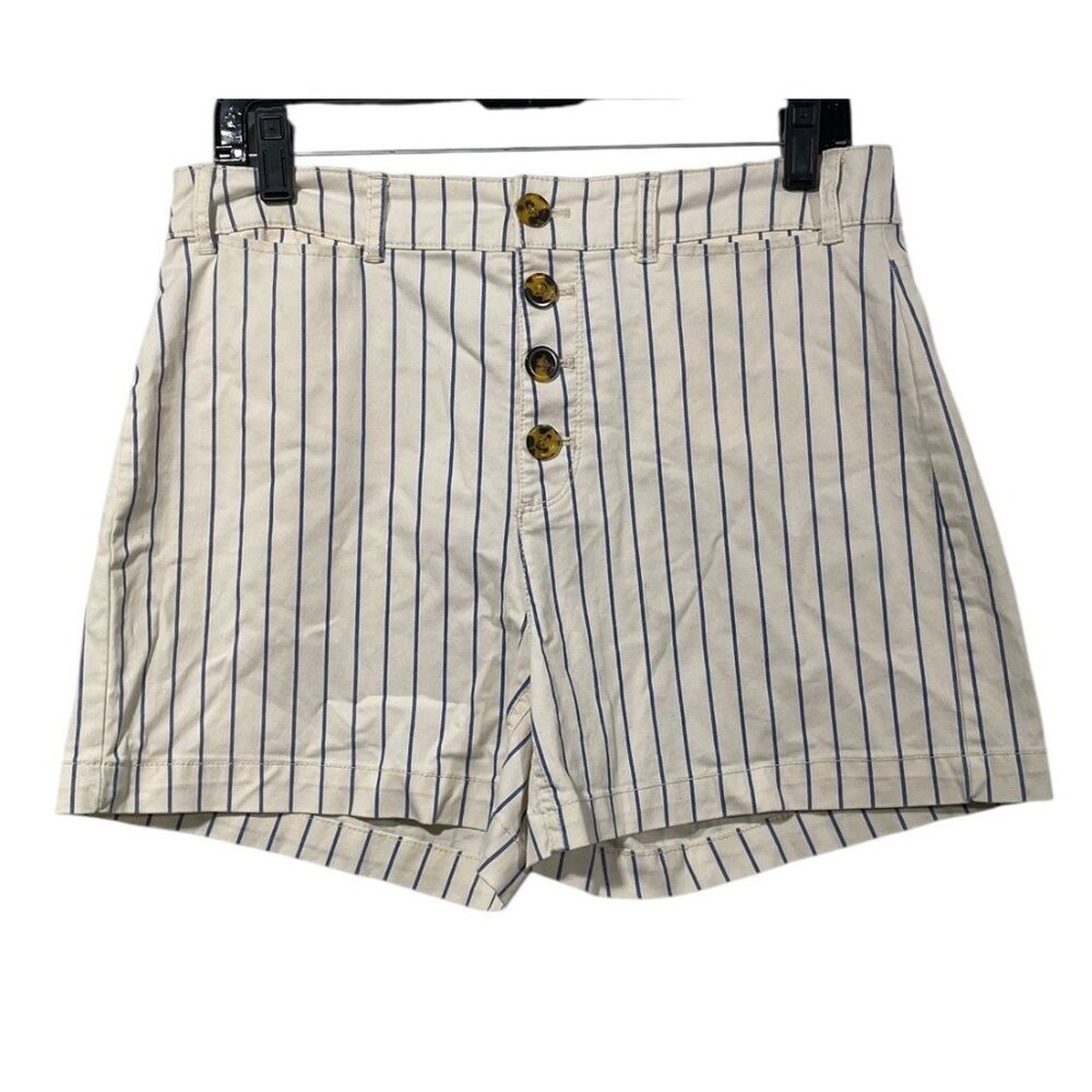 Old Navy Women's High Rise White Blue Railroad Stripe Button Fly Shorts Size 10